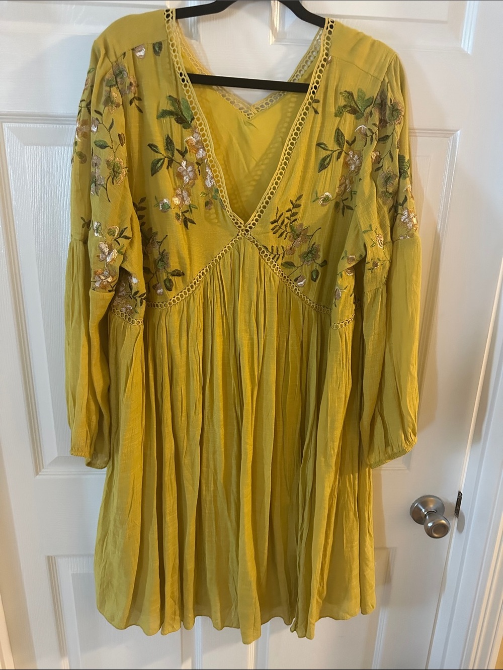Embroidered V-Neck Boho Tunic Dress in Mustard Yellow